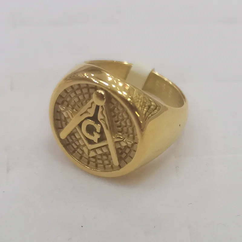 Master Mason Blue Lodge Ring - Round Embossed Stamped  Stainless Steel Gold Plated - Bricks Masons