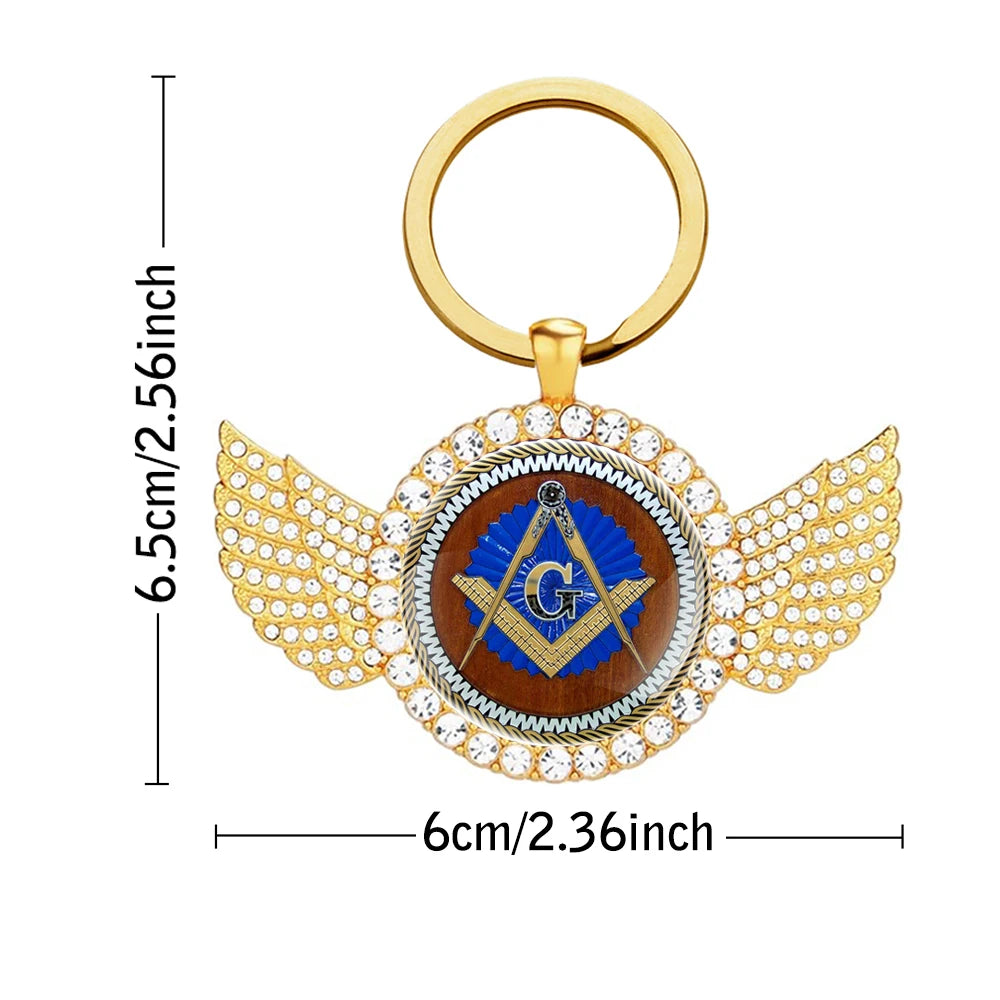 Master Mason Blue Lodge Keychain - Zinc Alloy Round Shape With Wings