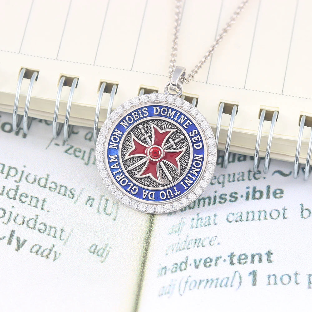 Knights Templar Pendant - Convexity Round Red Cross Frame Sword Sterling Silver - Bricks Masons