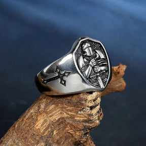 Knights Templar Commandery Ring - Stainless Steel With Armor Shield - Bricks Masons