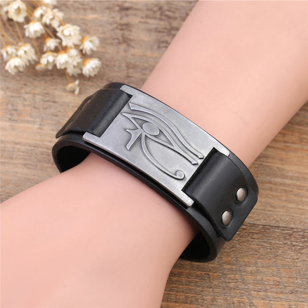 Ancient Egypt Bracelet - Black Genuine Leather With Zinc Alloy Charm - Bricks Masons