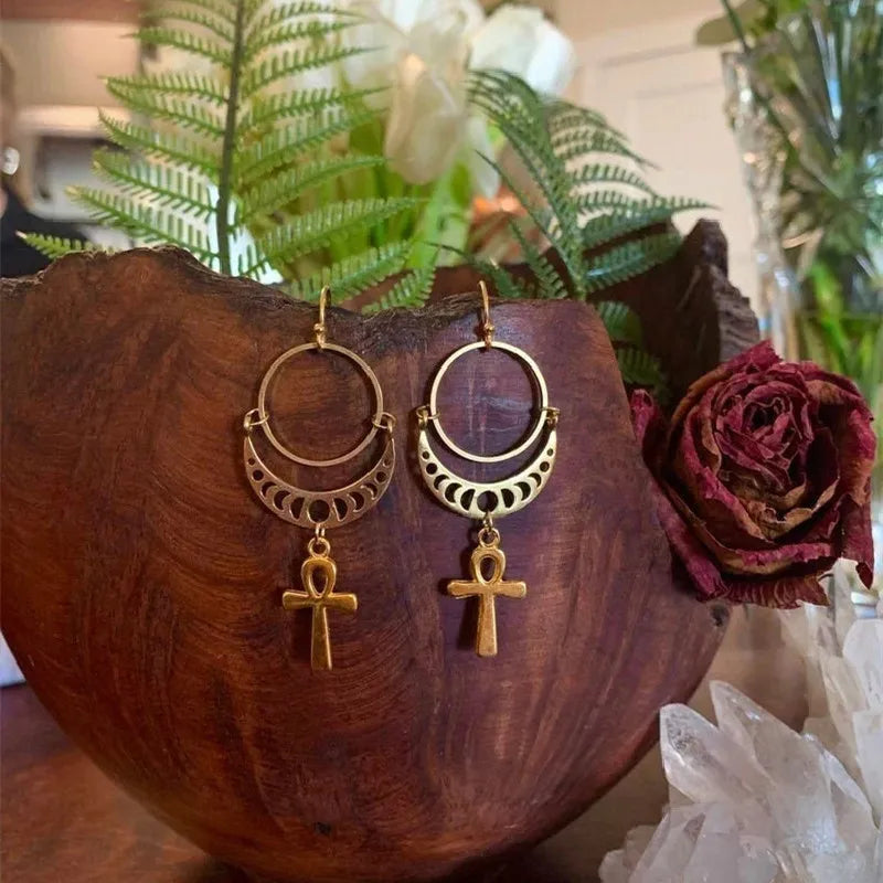 Ancient Egypt Earring - Ankh Moon Drop Earrings - Bricks Masons
