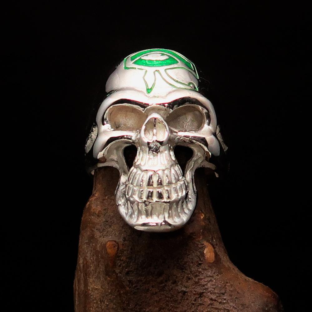 Ancient Egypt Keychain - Green Eye of Horus Skull Sterling Silver - Bricks Masons