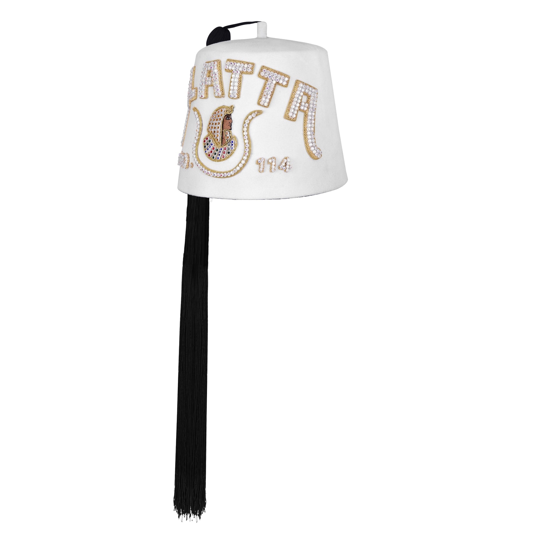 DOI Fez Hat - Pure White Wool With Rhinestones (2 Rows as pictured) - Bricks Masons