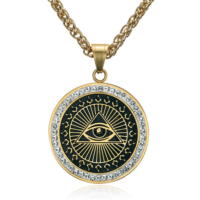 Master Mason Blue Lodge Pendant - Square and Compass Round Gold zircon - Bricks Masons