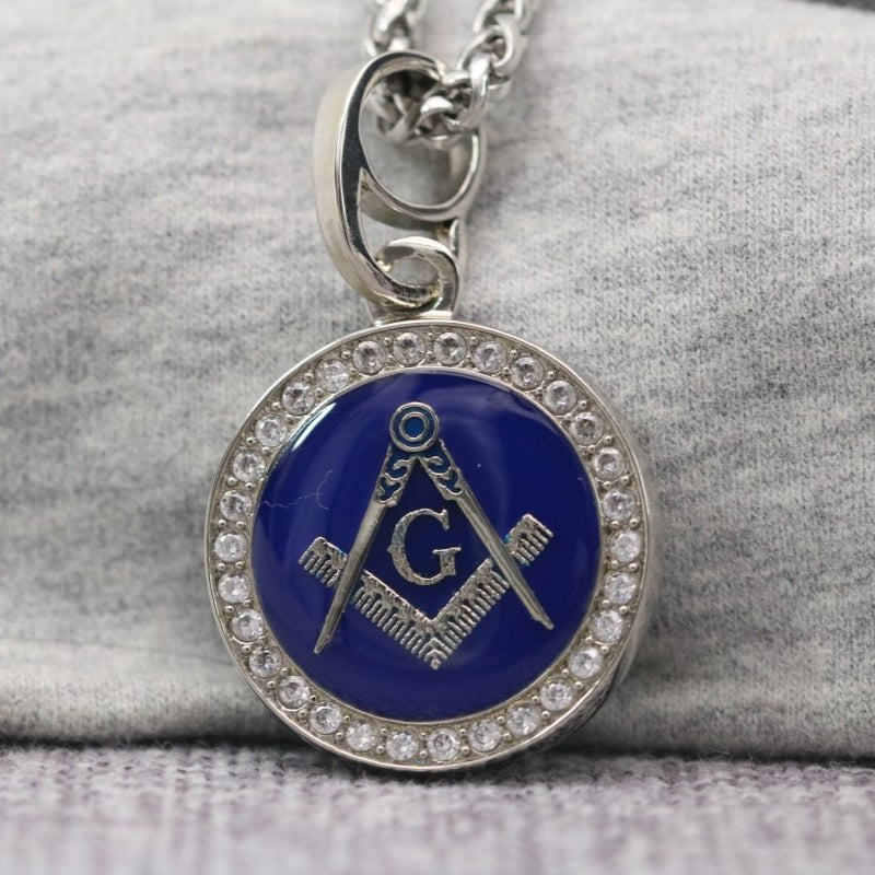 Master Mason Blue Lodge Necklace - White Gold Plated With Blue - Bricks Masons