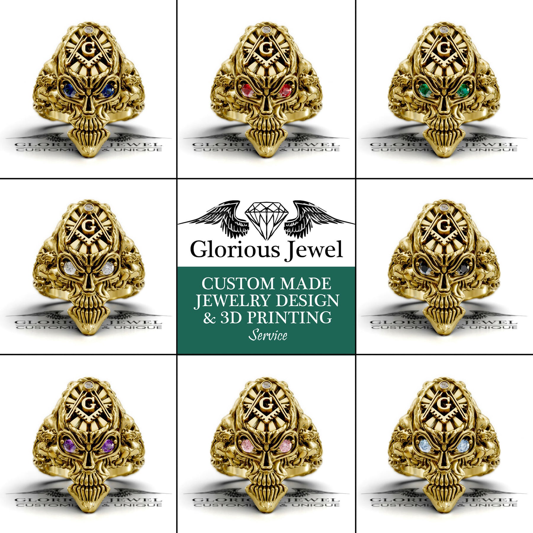Master Mason Blue Lodge Ring - Skull Shape Various Colors & Materials - Bricks Masons