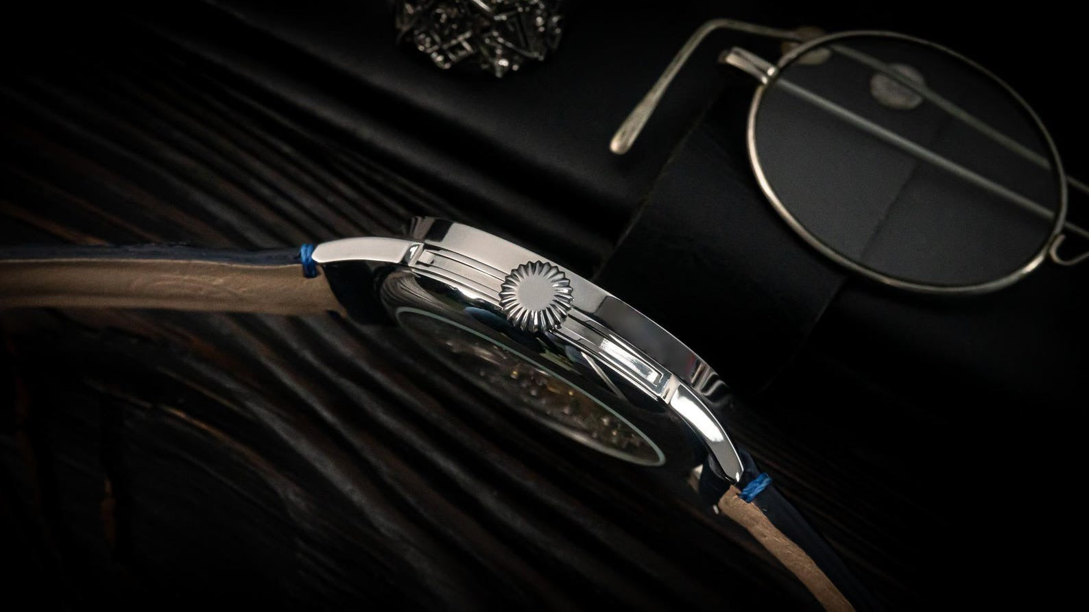 Master Mason Blue Lodge Wristwatch -  Silver Skeleton With Blue Leather Strap - Bricks Masons