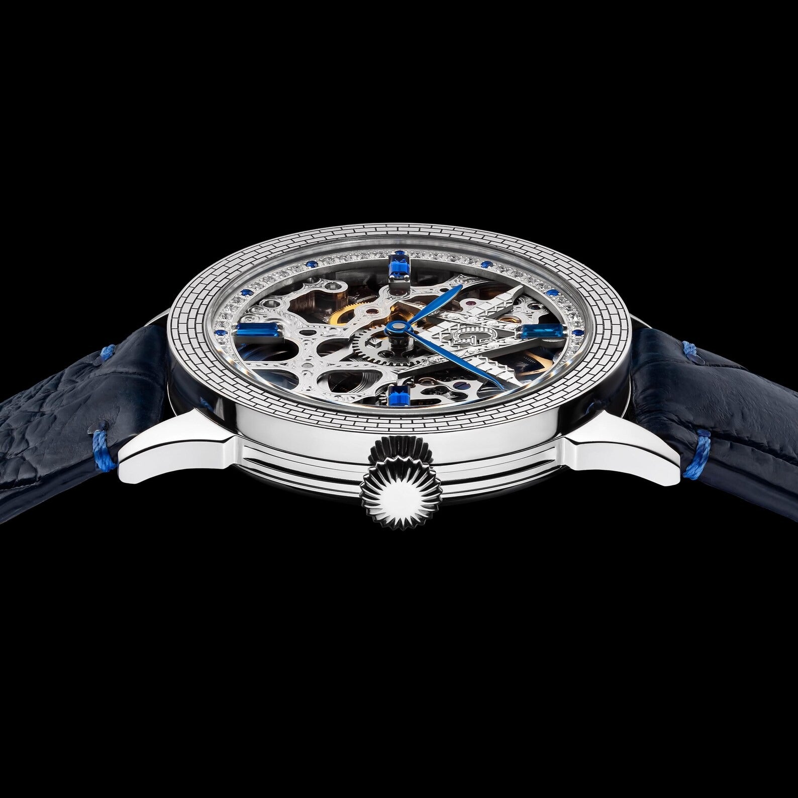 Master Mason Blue Lodge Wristwatch -  Silver Skeleton With Blue Leather Strap - Bricks Masons