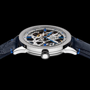 Master Mason Blue Lodge Wristwatch -  Silver Skeleton With Blue Leather Strap - Bricks Masons