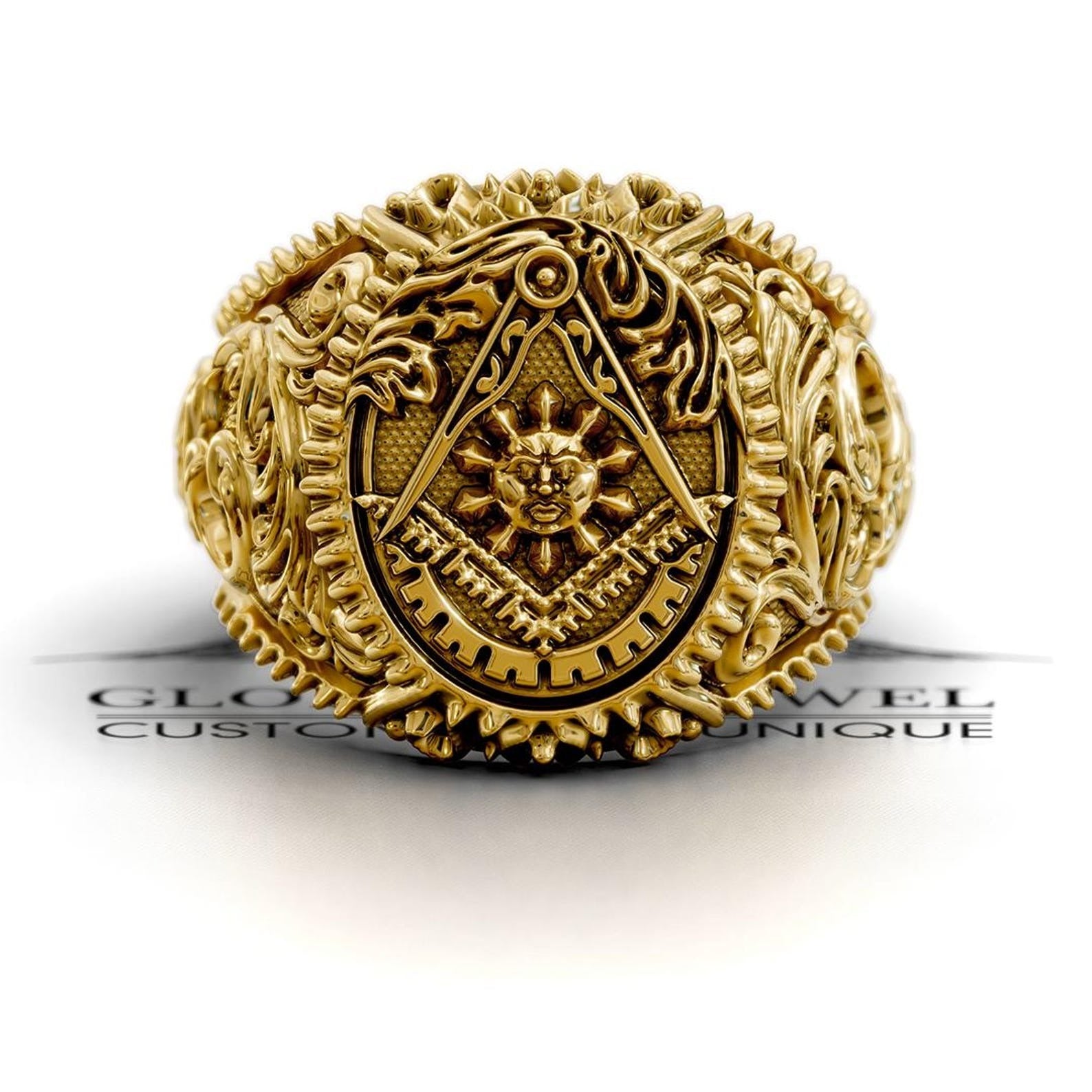 Master Mason Blue Lodge Ring - Square & Compass With Sun Various Materials - Bricks Masons