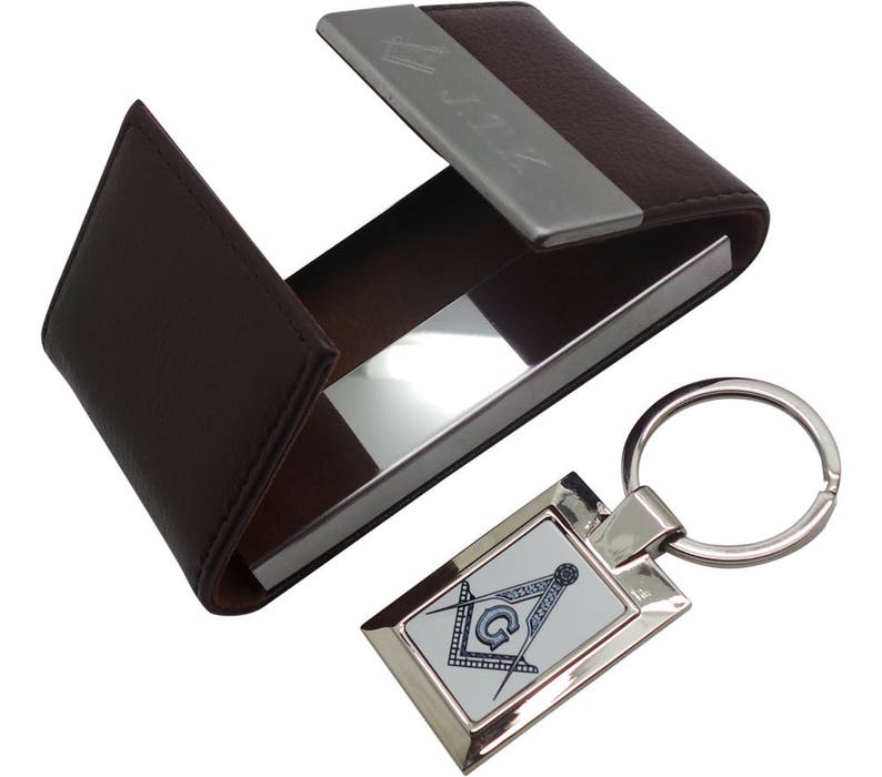 Master Mason Blue Lodge Credit Card Holder - With A Silver Keyring Custom Engraving Initials - Bricks Masons