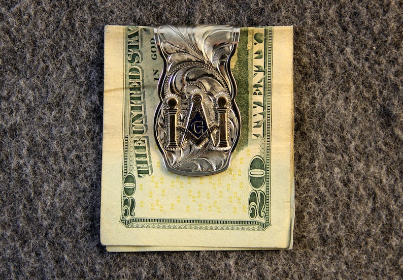 Master Mason Blue Lodge Money Clip - Silver & Blue Nickel Square & Compass G - Bricks Masons