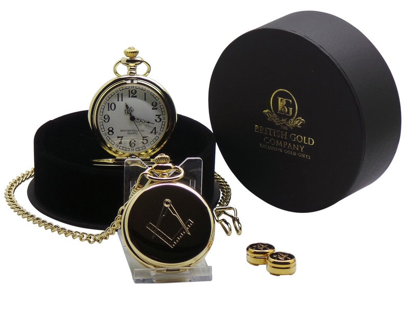 Master Mason Blue Lodge Pocket Watch - Cufflinks Personalised Full Hunter Gift Set in Case - Bricks Masons