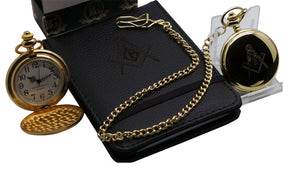 Master Mason Blue Lodge Pocket Watch - 24k Clad Gold & Grain Notebook Gift Set Custom Engraving - Bricks Masons