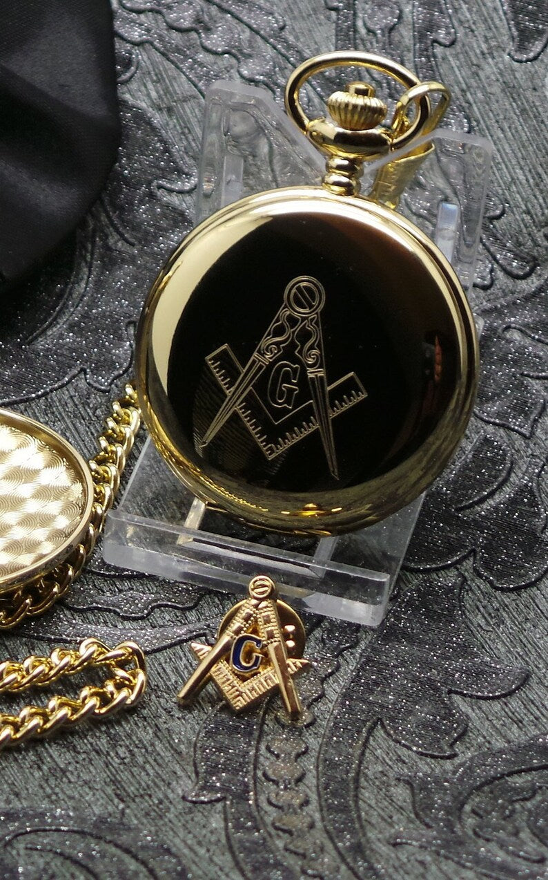 Master Mason Blue Lodge Pocket Watch - 24k Gold Lapel Pin Badge and Hunter Case Personalised - Bricks Masons