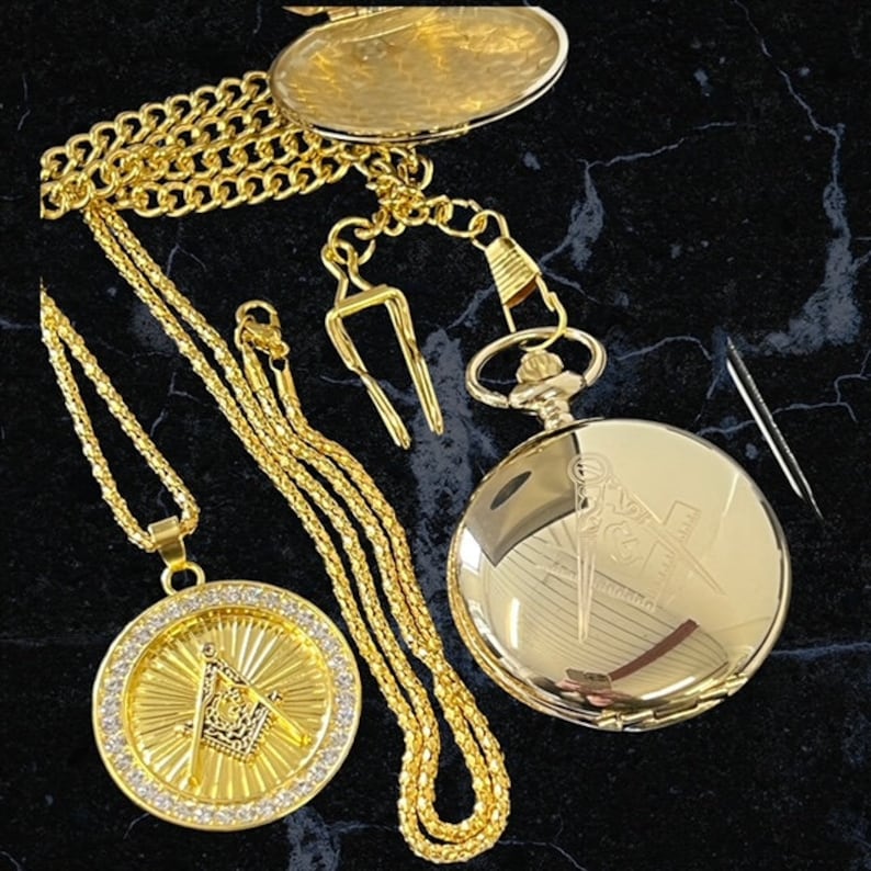 Master Mason Blue Lodge Pocket Watch - 24k Gold Clad 3 Piece Set Engraved - Bricks Masons