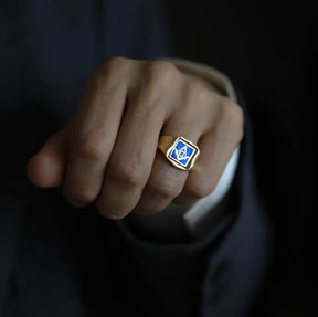 Master Mason Blue Lodge Ring - Solid Gold & Blue Enamel Swivel - Bricks Masons