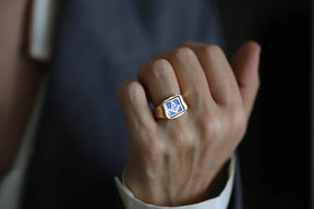 Master Mason Blue Lodge Ring - Solid Gold & Blue Enamel Swivel - Bricks Masons