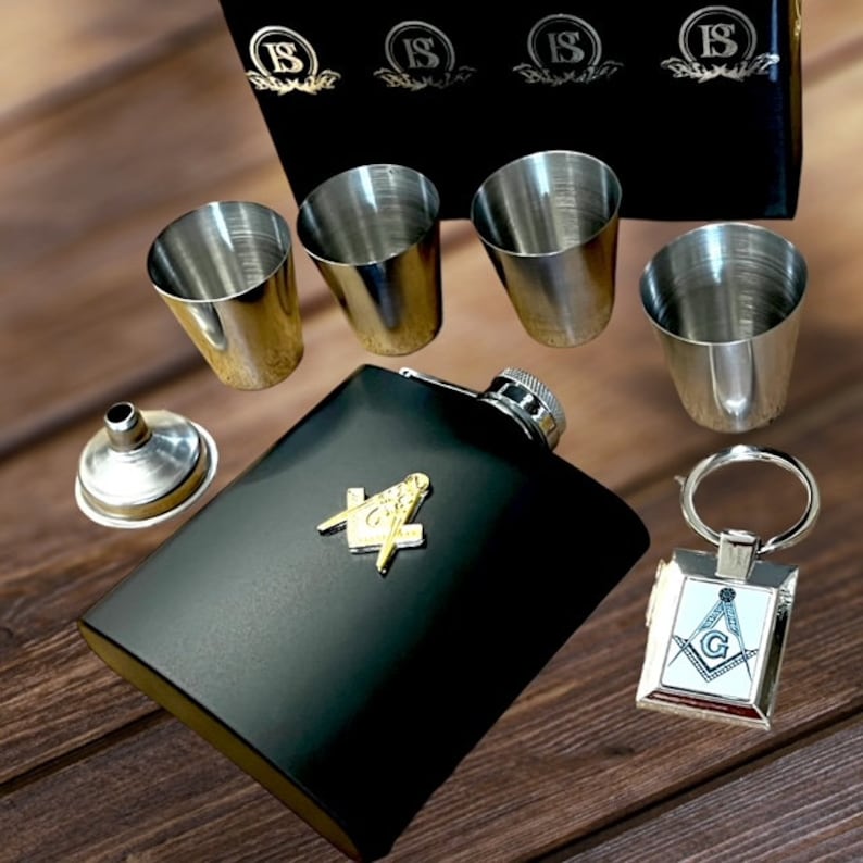 Master Mason Blue Lodge Flask - 7 Piece Luxury Gift Set with Gold Emblem