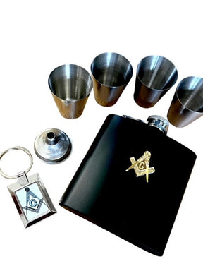 Master Mason Blue Lodge Flask - 7 Piece Luxury Gift Set with Gold Emblem