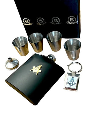 Master Mason Blue Lodge Flask - 7 Piece Luxury Gift Set with Gold Emblem