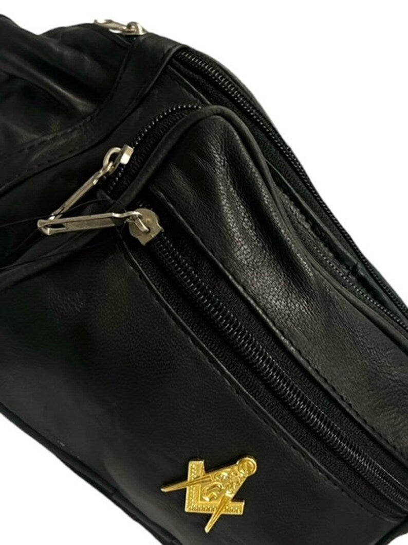 Master Mason Blue Lodge Waist Bag - Genuine Leather 24k Gold Clad Emblem - Bricks Masons