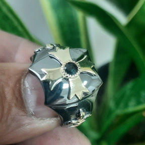 Order Of Malta Ring - Blackened Sterling Silver Blue-Green Sapphire - Bricks Masons