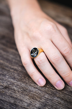 Master Mason Blue Lodge Ring - Gold With Black Enamel 9K to 18k Solid Gold - Bricks Masons