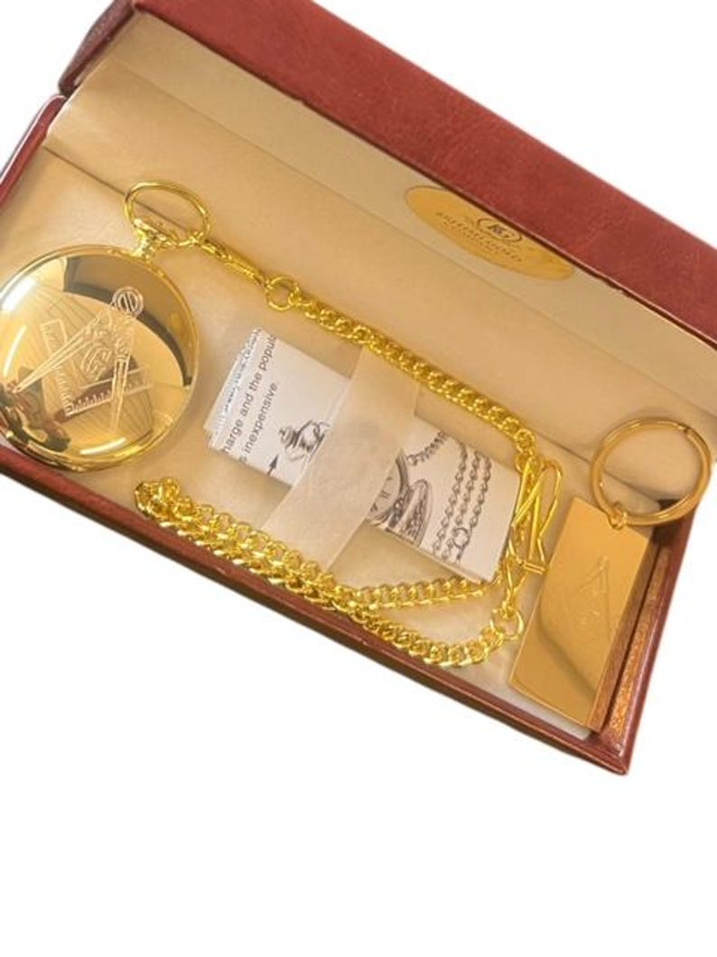 Master Mason Blue Lodge Pocket Watch - 24k Gold Clad Keyring Luxury Gift Set - Bricks Masons