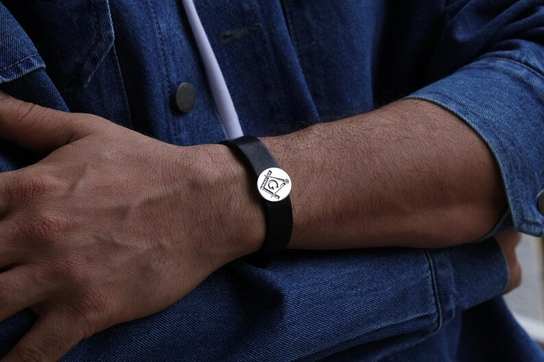 Master Mason Blue Lodge Bracelet - Black Leather - Bricks Masons
