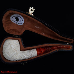 Master Mason Blue Lodge Meerschaum Pipe - Natural Bee wax Square & Compass G - Bricks Masons