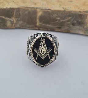Master Mason Blue Lodge Ring - Sterling Silver Onyx - Bricks Masons
