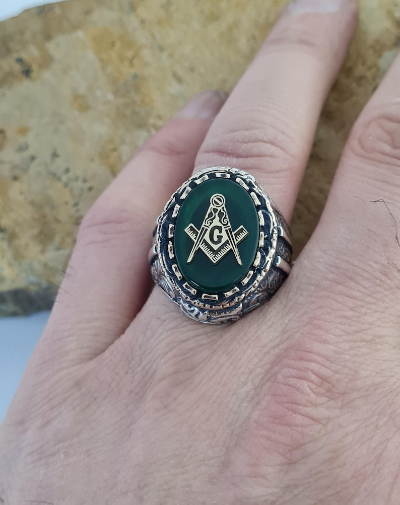 Master Mason Blue Lodge Ring - Handmade Sterling Silver Green Agate - Bricks Masons