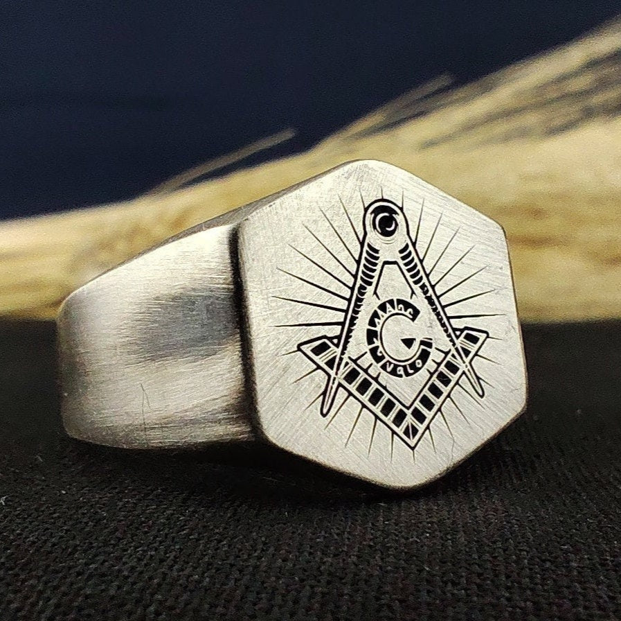 Master Mason Blue Lodge Ring - Matte Oxidized Signet Personalized Engraving - Bricks Masons