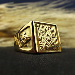 Master Mason Blue Lodge Ring - Square Shape With Eye of Providence Gold & Silver - Bricks Masons