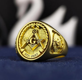 Master Mason Blue Lodge Ring - Sides Customization Signet Gold-Plated - Bricks Masons