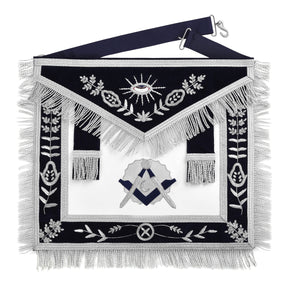 Junior Deacon Blue Lodge Officer Apron - Dark Blue With Silver Hand Embroidery Bullion - Bricks Masons