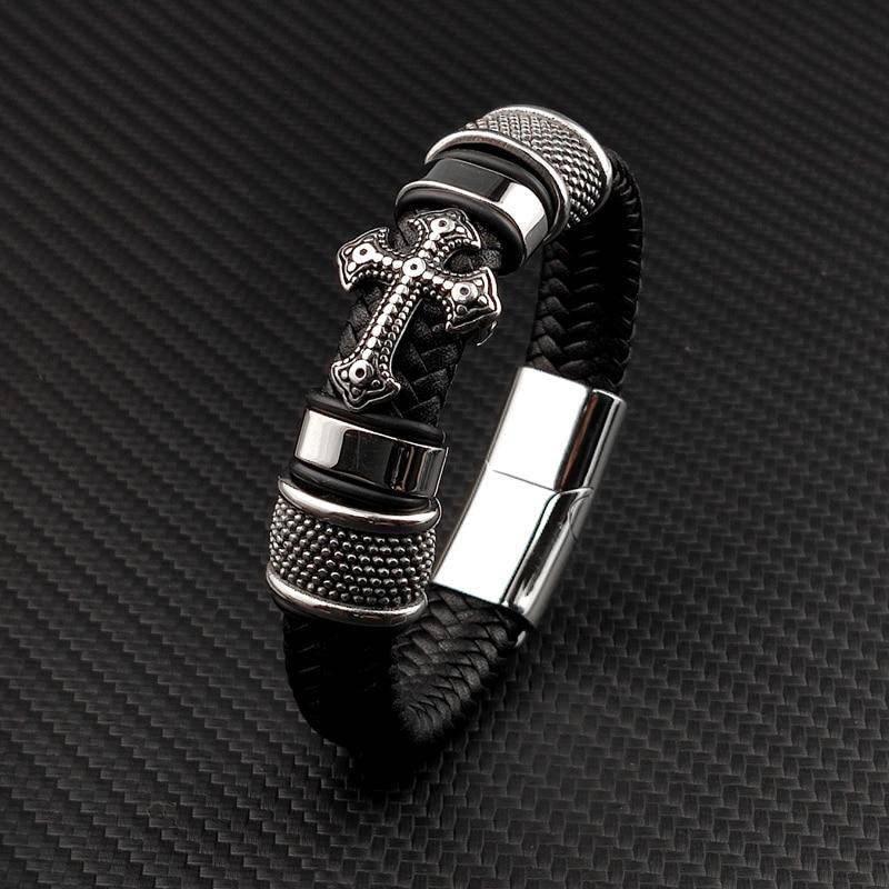 Knights Templar Bracelet - Magnetic Cross (Black/Brown) - Bricks Masons