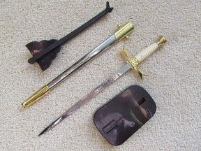 Knights Templar Dagger - Gold Sable Fornitura Knob Ceremony Sword Knife W/ Scabbard Stand 12" - Bricks Masons