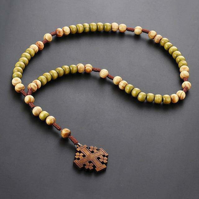 Knights Templar Necklace - Wooden Rosary Beaded Jerusalem Cross - Bricks Masons