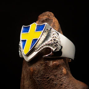 Knights Templar Ring - Flag of Sweden Yellow Cross on Blue Sterling Silver - Bricks Masons