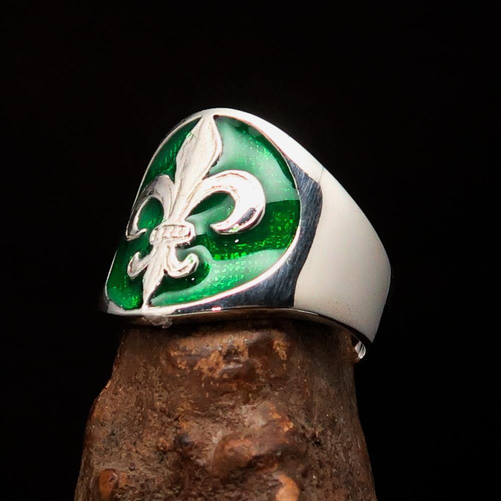 Knights Templar Ring - Green Fleur De Lis Sterling Silver - Bricks Masons