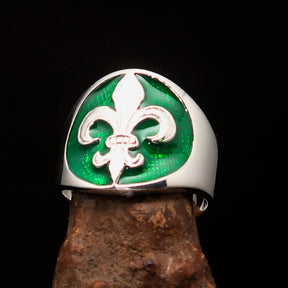 Knights Templar Ring - Green Fleur De Lis Sterling Silver - Bricks Masons
