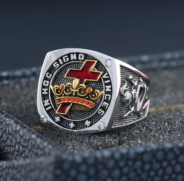 Knights Templar Ring - In Hoc Signo Vinces Crusader Seal Sterling Silver - Bricks Masons
