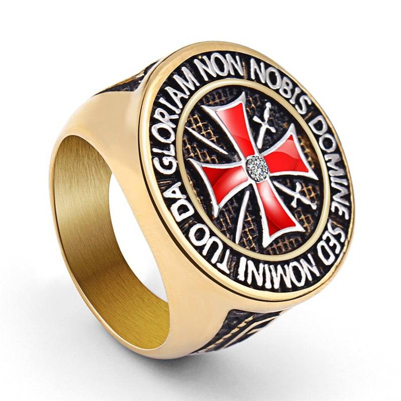 Knights Templar Ring - Stainless Steel Rhinestone Red Cross - Bricks Masons