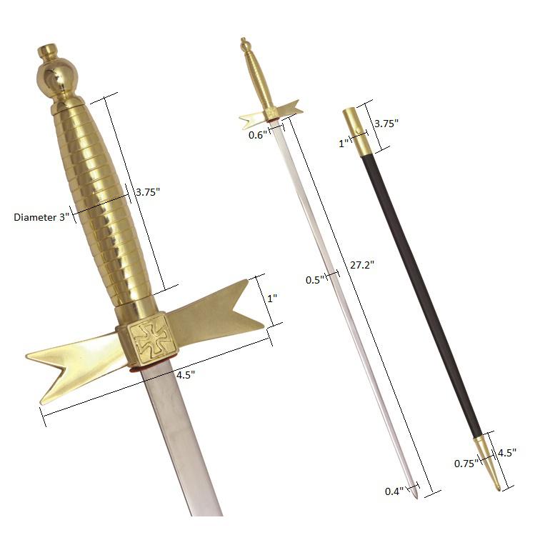 Knights Templar Sword - with Gold Hilt and Black Scabbard - Bricks Masons