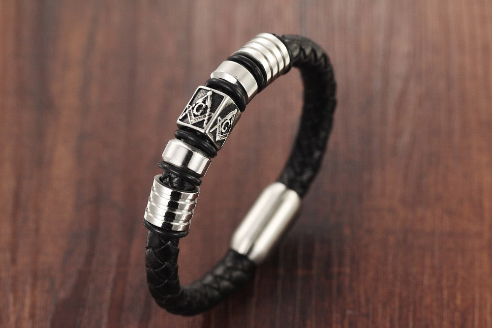 Master Mason Blue Lodge Bracelet - Compass and Square G Leather with Magnetic Clasp - Bricks Masons