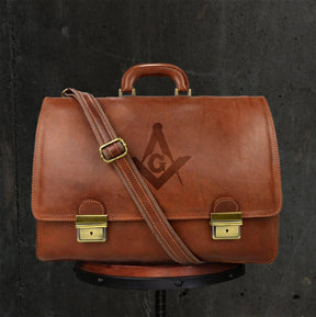 Master Mason Blue Lodge Briefcase - Genuine Brown Leather - Bricks Masons