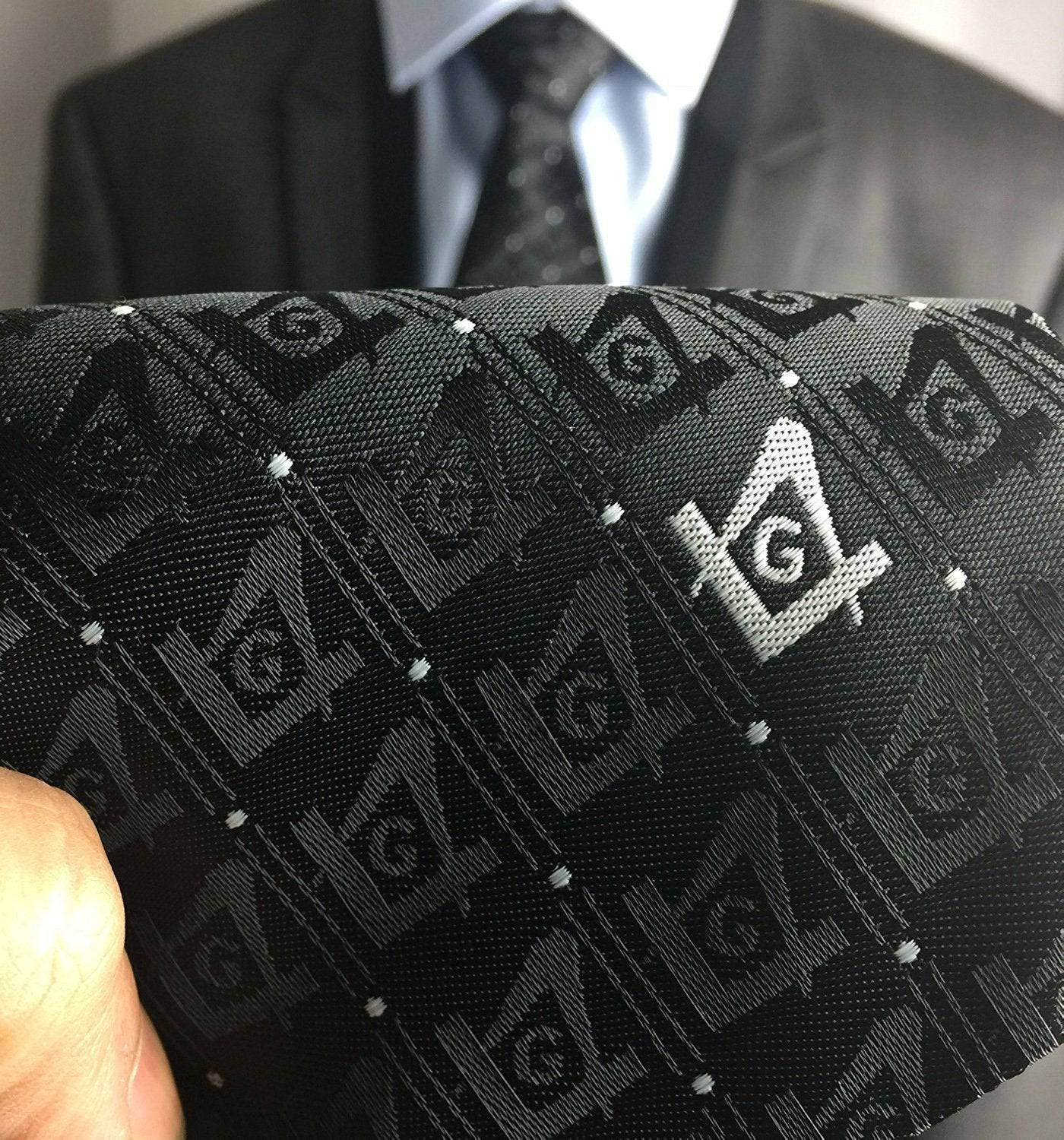 Master Mason Blue Lodge Necktie - Black with Polkadot Square & Compass G - Bricks Masons